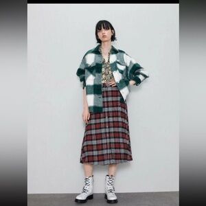 NWT ZARA Plaid Button Down A-Line Midi Skirt Sz S Black Red Punk Grunge Rock
